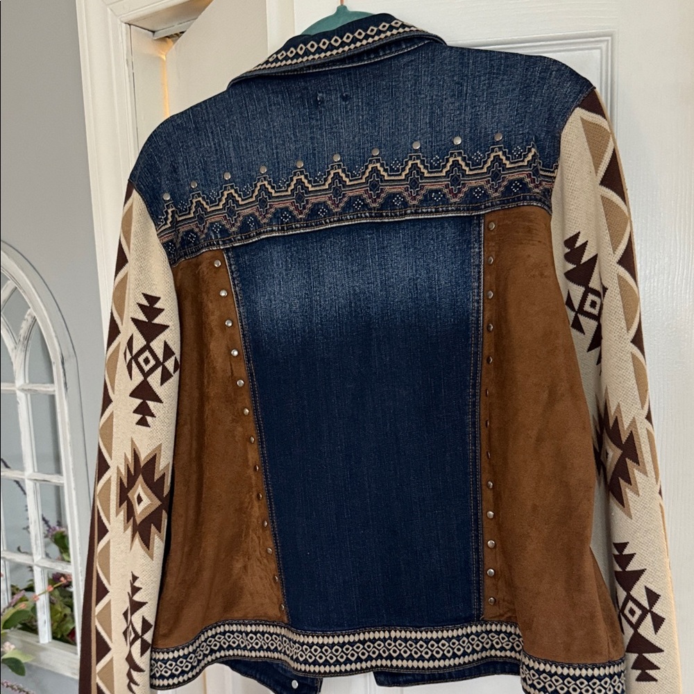 Reba Blue and Brown Jean Jacket with Tribal Patterns - Picture 5 of 5